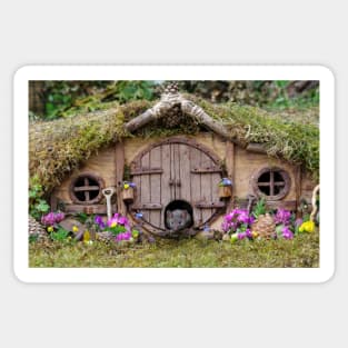 George the mouse in a log pile house - summer flowers Sticker